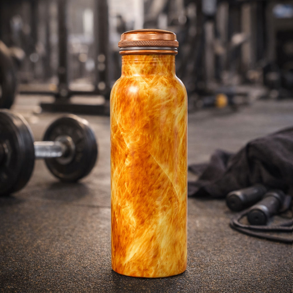 Pure copper water bottle with printed design, yellow - 900 ML 118